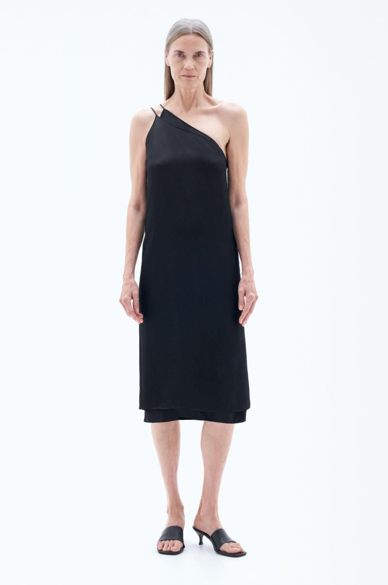 Filippa K Robes Asymmetric Seersucker Dress Black Femme